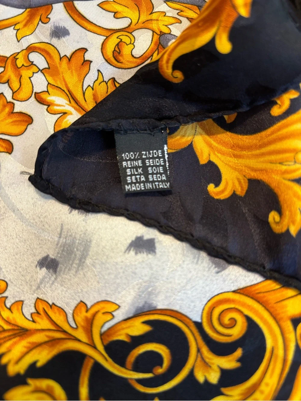 Vintage silk scarf with gold crowns and ornate scrollwork 33x33
